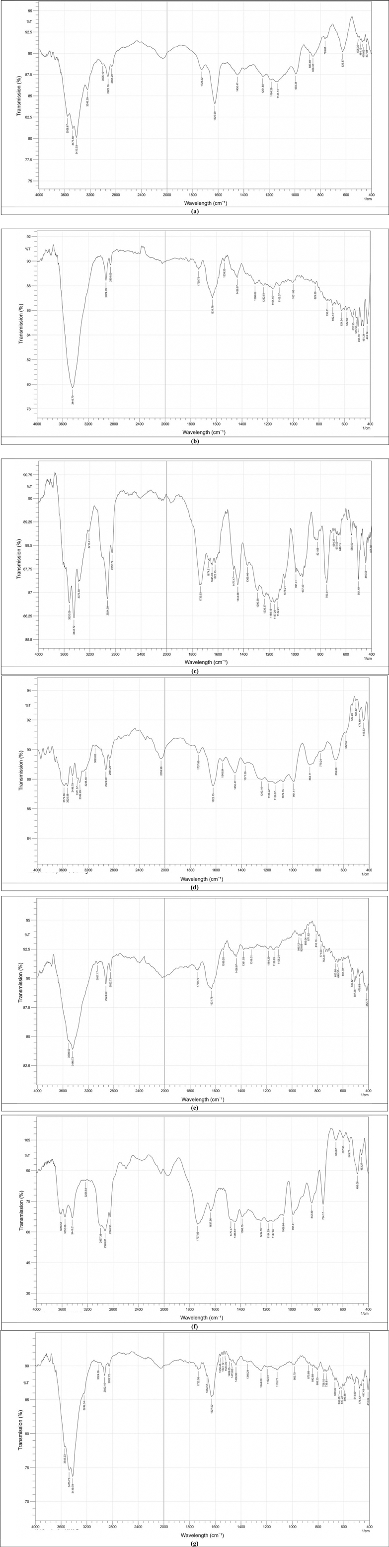 Figure with three FTIR spectra labeled (a), (b), and (c), each showing transmittance (%T) plotted against wavenumber (cm⁻¹) in the range of 4000–400 cm⁻¹. Peaks at various regions correspond to characteristic functional group vibrations. Differences in band intensity and peak positions are visible across the three spectra, indicating compositional or structural variations between the samples. Figure with three FTIR spectra labeled (d), (e), and (f), each plotting transmittance (%T) against wavenumber (cm⁻¹) in the 4000–400 cm⁻¹ range. Distinct absorption peaks are marked, representing functional group vibrations. Variations in band intensity and peak patterns across the spectra suggest differences in chemical composition or structural features of the analyzed samples.FTIR spectrum labeled (g), showing transmittance (%T) versus wavenumber (cm⁻¹) in the 4000–400 cm⁻¹ range. Several absorption peaks are annotated, including broad bands near 3400 cm⁻¹ (O–H or N–H stretching), peaks around 2920–2850 cm⁻¹ (C–H stretching), a strong band near 1650 cm⁻¹ (C=O or C=C stretching), and multiple sharp peaks below 1000 cm⁻¹ indicating fingerprint region vibrations. The spectrum reflects characteristic functional groups of the analyzed sample.