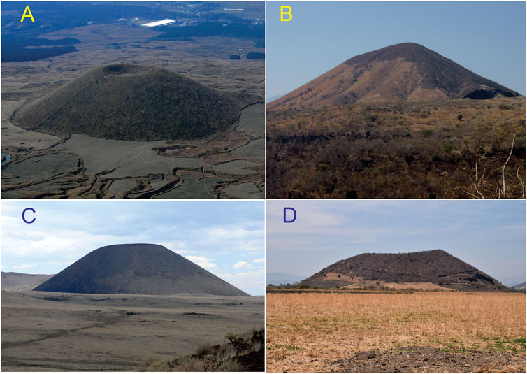 Four images depicting cinder cone volcanoes labeled A, B, C, and D. A shows an aerial view of a symmetrical cone in a flat landscape. B displays a close-up of a rugged, sloped cone with sparse vegetation. C captures a distant view of a smooth, rounded cone under a cloudy sky. D presents a weathered, eroded cone in a dry field with scattered vegetation.