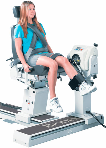 Person using multi-joint Biodex dynamometer. Image A displays dynamometer and seat positioning for knee flexion and extension movement.