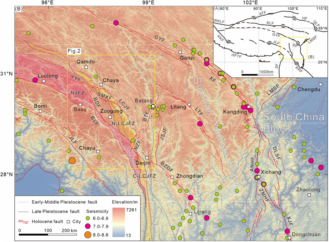 Map showing seismicity and fault lines in the Sichuan-Yunnan region, China, with color-coded earthquakes by magnitude. Fault lines include Early-Middle Pleistocene, Late Pleistocene, and Holocene. Cities are marked with squares. Elevation is indicated with a color gradient from blue to red. An inset map shows the location within a larger region.