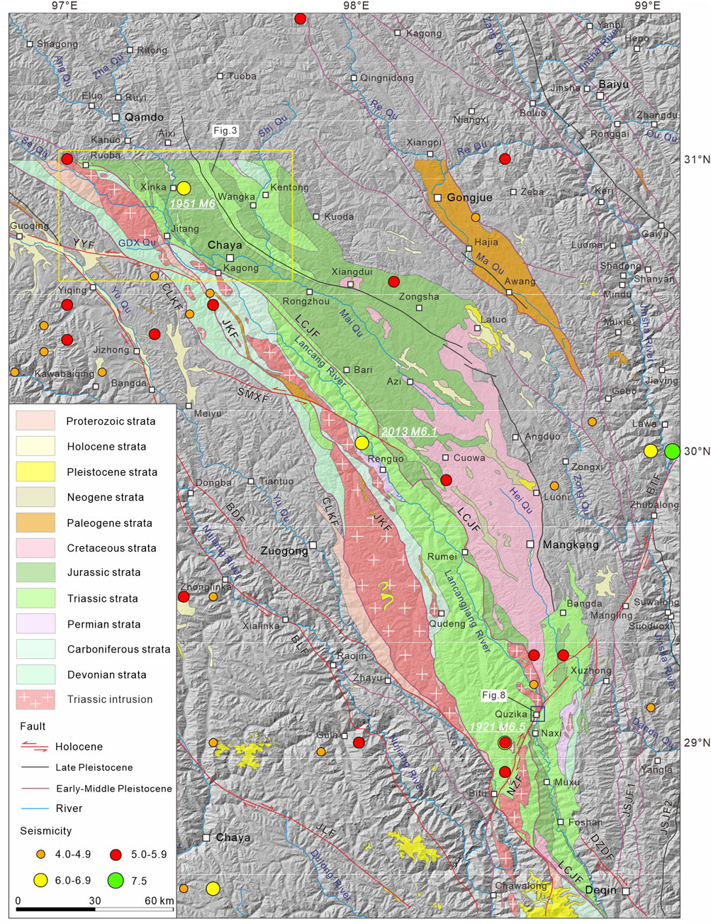 Geological map depicting various strata in a region, labeled with different colors for Proterozoic, Holocene, Pleistocene, and other geological periods. Fault lines in red are marked across the map. Seismic activity is highlighted with colored circles, signifying different magnitudes, including notable earthquakes in 1951 and 2013. Rivers and key locations, such as Qamdo and Gongjue, are identified. A legend in the bottom left provides details on the strata, fault lines, and seismicity markers.