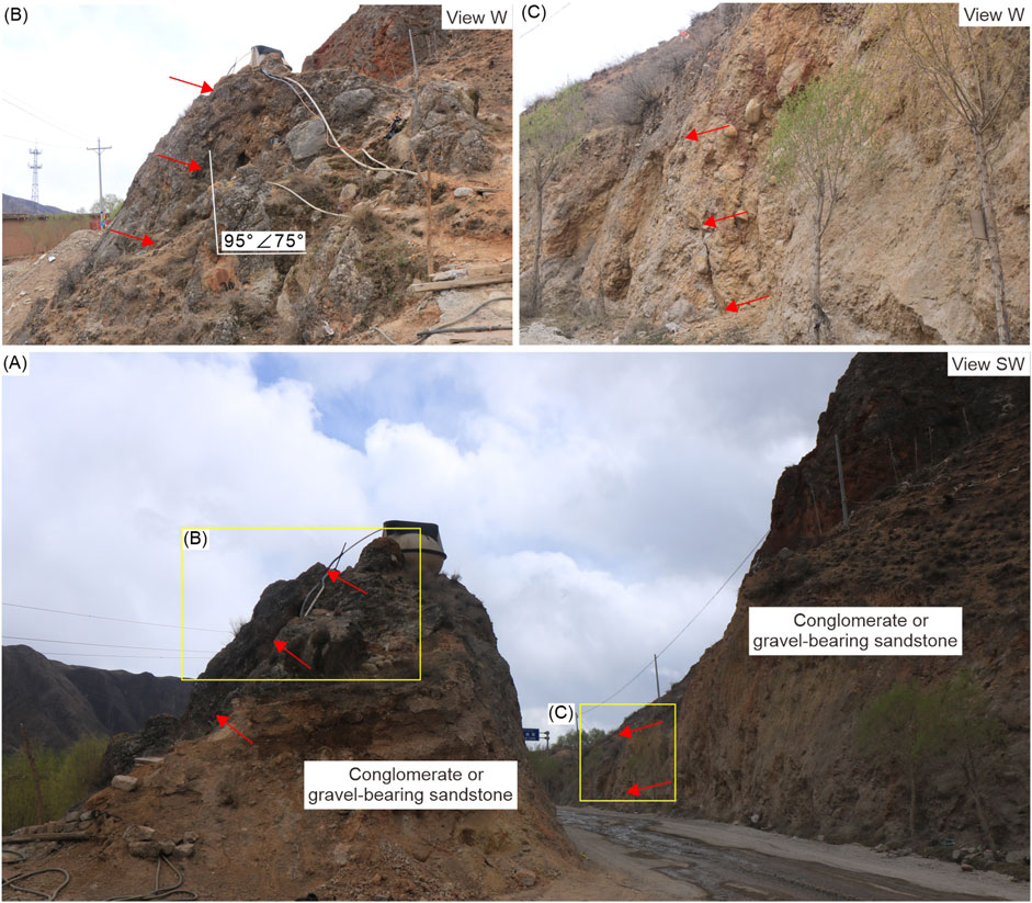 Geological formation featuring conglomerate or gravel-bearing sandstone in three views labeled A, B, and C. Image A shows a wide view of the terrain with labeled sections B and C highlighted. Image B displays a close-up of textured rock with red arrows and angles marked. Image C shows a cliff face with vegetation and red arrows pointing to features.