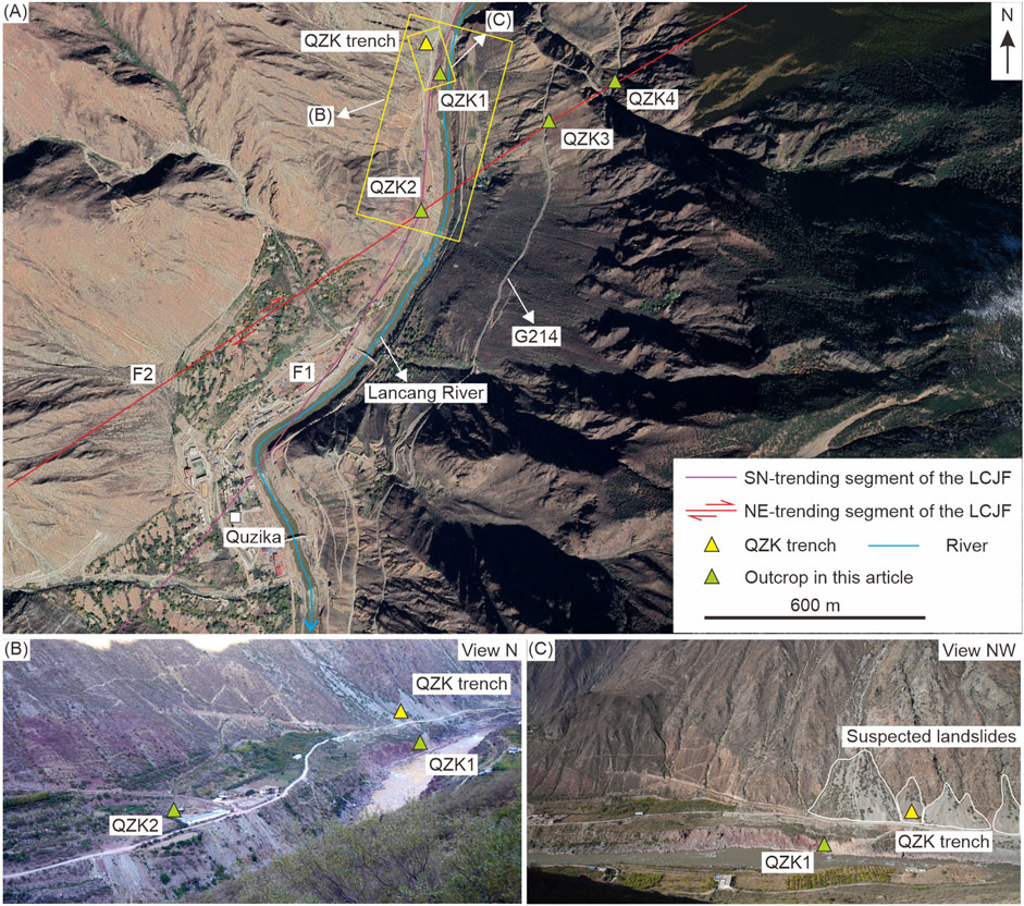 A composite image of three views: (A) an aerial map showing SN and NE-trending segments of the LCJF, labeled with F1, F2, Quzika, and Lancang River. Yellow triangles indicate QZK trenches. (B) A northern view highlighting QZK1 and QZK2 trenches. (C) A northwestern view showing suspected landslides and QZK1, with a legend detailing features like river paths and outcrops.