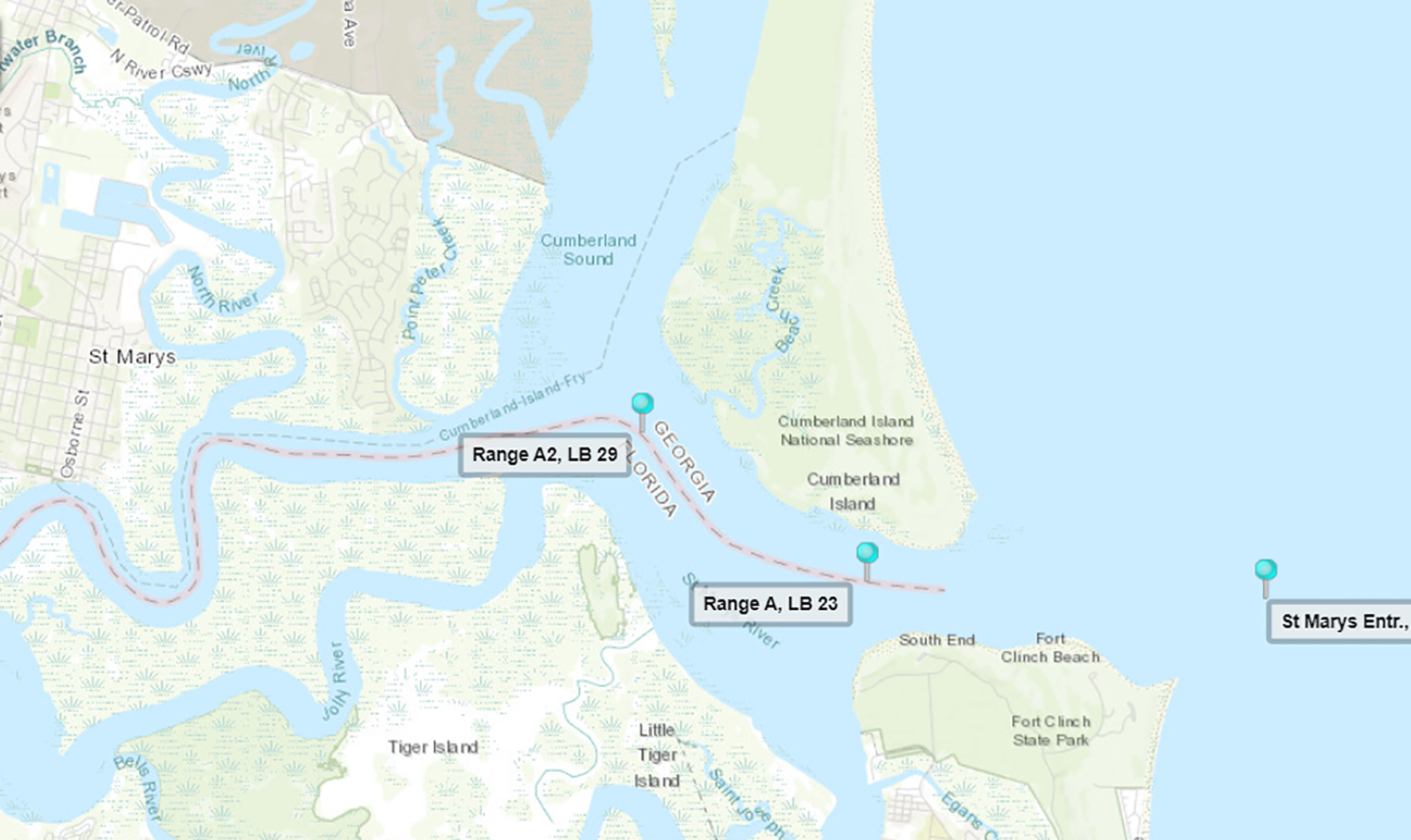 Map showing the area around Cumberland Island and St. Marys, Georgia, highlighting maritime navigation ranges labeled as Range A2, LB 29, and Range A, LB 23. It includes features like St. Marys River, Cumberland Sound, and surrounding areas, such as Fort Clinch State Park and Tiger Island.