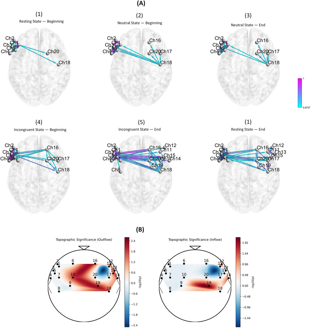 Six brain activity illustrations are shown, labeled from one to six, depicting different states: resting, neutral, and incongruent, at both beginning and end phases. They display neural connections labeled with channels. The visualizations vary in line thickness and color, indicating connection strengths. Below, two topographic significance maps illustrate outflow and inflow, showing color gradients from blue to red, with numeric labels and a color scale on the right.