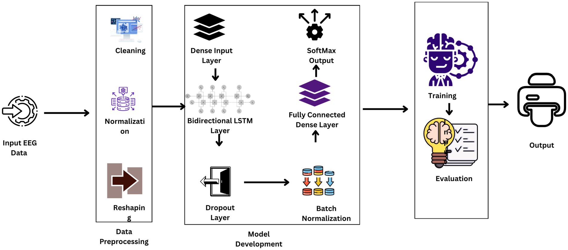 Flowchart illustrating the processing of EEG data. Input EEG data undergoes preprocessing involving cleaning, normalization, and reshaping. Model development includes a dense input layer, bidirectional LSTM layer, dropout layer, batch normalization, fully connected dense layer, and SoftMax output. The training phase follows with evaluation, leading to the final output.