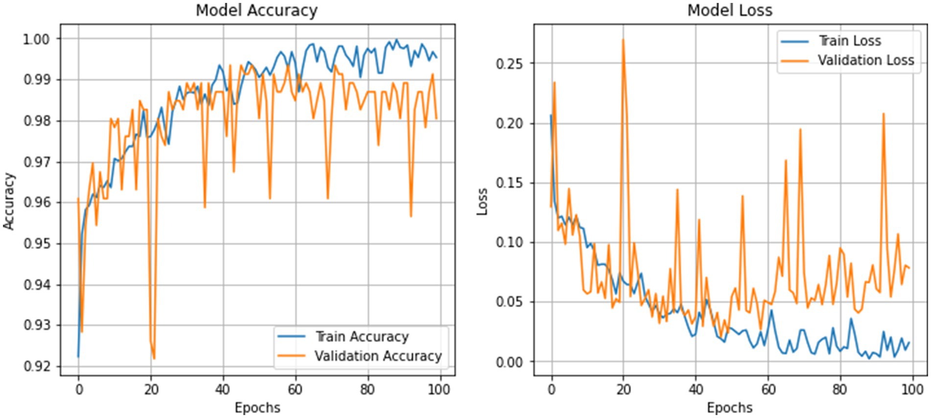 Two line charts display model performance over epochs. The left chart shows accuracy, with blue for train accuracy and orange for validation accuracy, both peaking near 1.0. The right chart shows loss, with blue for train loss and orange for validation loss, both decreasing overall, but validation loss exhibits significant fluctuations.