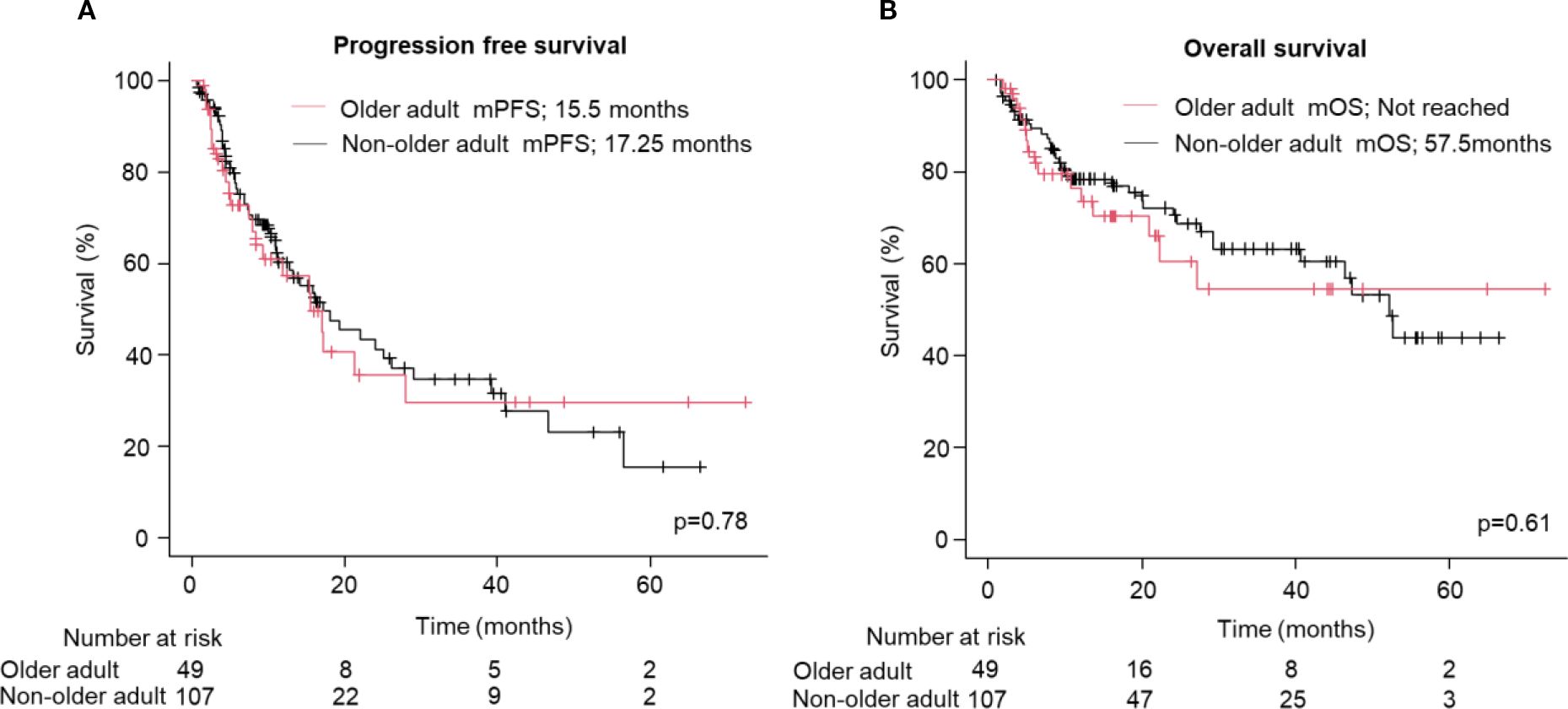 Two side-by-side Kaplan-Meier survival curves. Panel A shows progression-free survival with older adults having a median of 15.5 months and non-older adults 17.25 months, p=0.78. Panel B shows overall survival with older adults not reaching median survival and non-older adults at 57.5 months, p=0.61. Survival percentage is on the y-axis, and time in months on the x-axis. The number at risk is listed below each graph.
