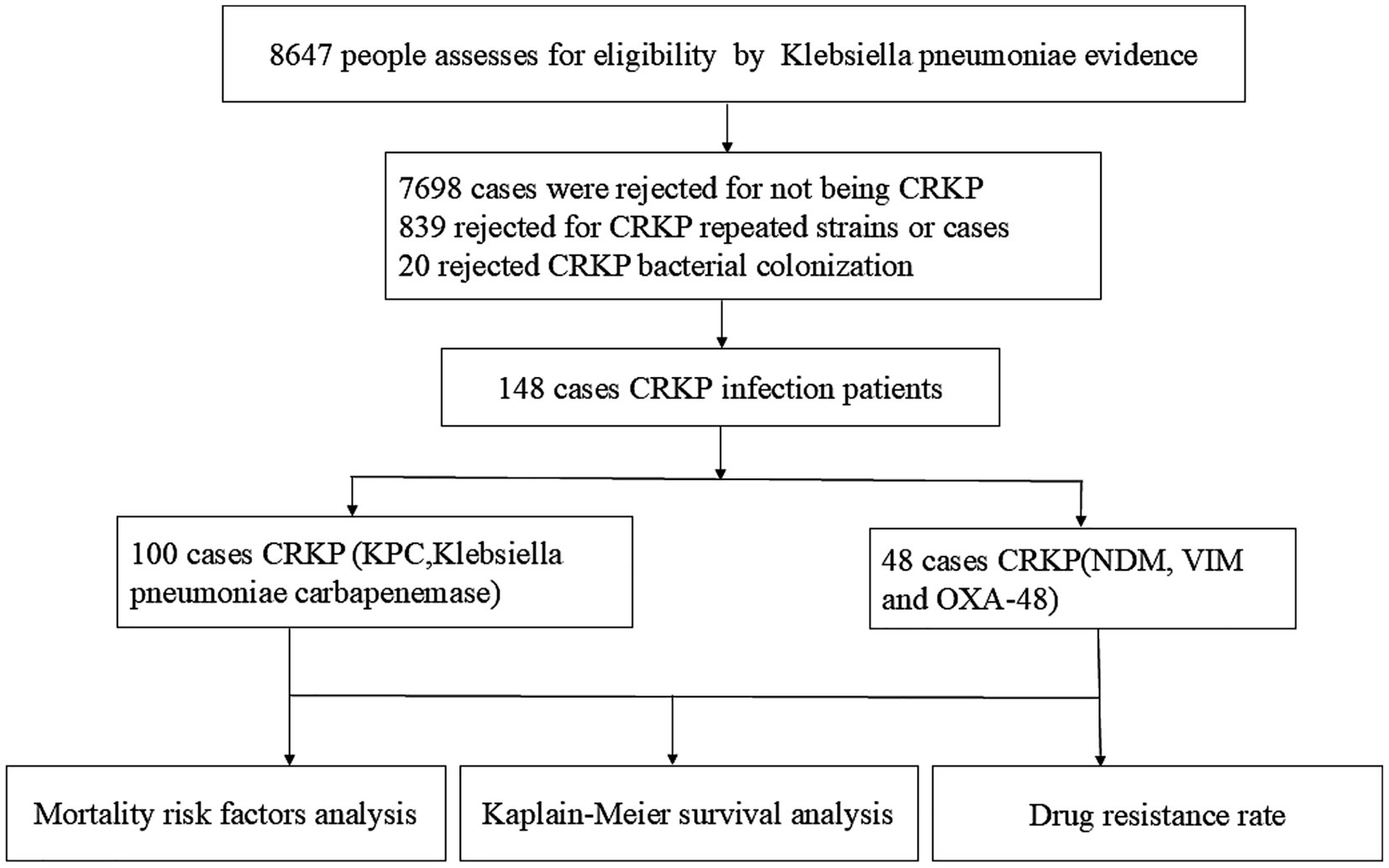 Flowchart of Klebsiella pneumoniae assessment. Out of 8,647 assessed individuals, 7,698 were rejected for not being CRKP, 839 for repeated strains, and 20 for bacterial colonization. 148 CRKP infection cases identified, divided into 100 KPC cases and 48 NDM, VIM, and OXA-48 cases. Analyzed for mortality risk factors, Kaplan-Meier survival analysis, and drug resistance rate.