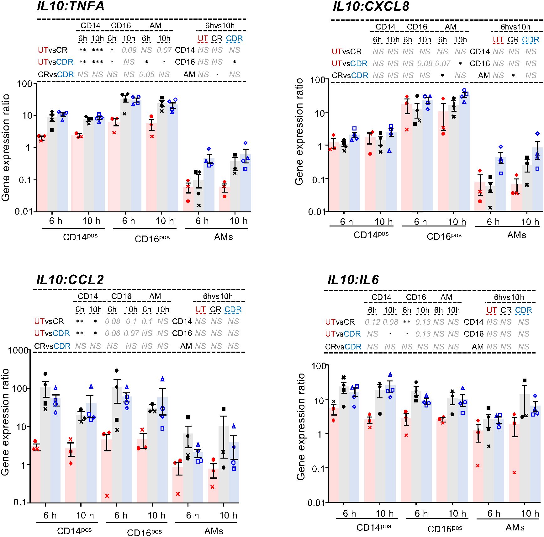 Grouped bar charts represent gene expression ratios for IL10-related genes (TNFA, CXCL8, CCL2, IL6) across CD14 positive, CD16 positive, and AM cell types at six and ten hours. Key comparisons include unstimulated vs. corticosteroid-responsive, and corticosteroid-responding vs. corticosteroid-resistant groups. Statistical significance is indicated above the charts.