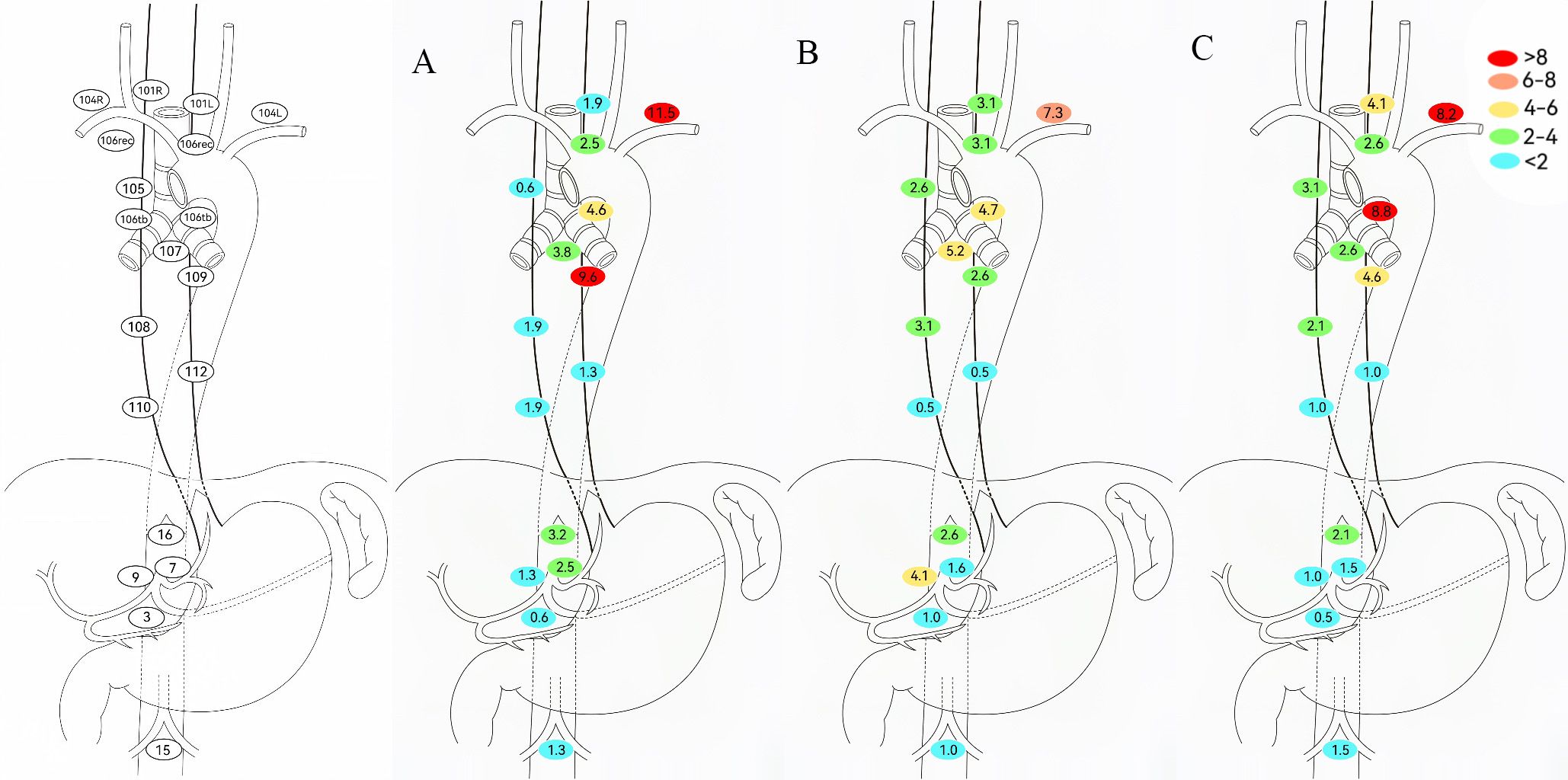 Diagrams A through C show anatomical diagrams of lymph node metastasis rates according to the type of postoperative adjuvant therapy. Within each figure, the regions are color-coded: red indicates lymph node metastasis greater than 8%, orange indicates a metastasis rate of 6% to 8%, yellow indicates a metastasis rate of 4% to 6%, green indicates a metastasis rate of 2% to 4%, and blue indicates a metastasis rate of less than 2%. The numerical values ​​corresponding to each region visually demonstrate the specific differences in lymph node metastasis between different adjuvant therapy types.