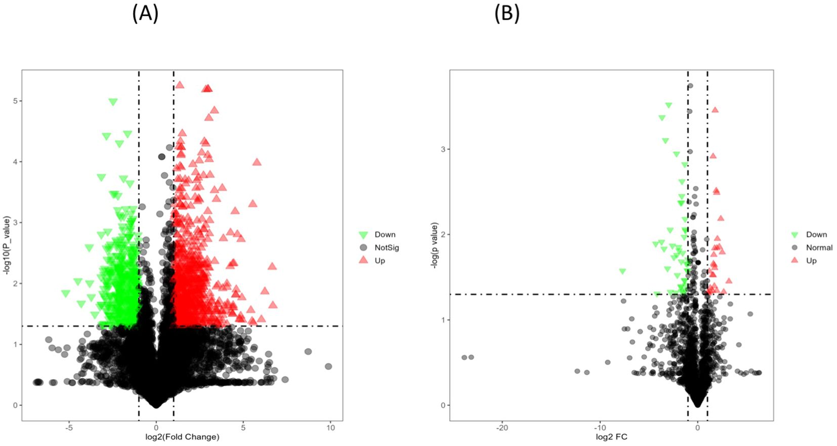 Two volcano plots labeled A and B show gene expression data. Each plot displays points representing gene expressions with log2 fold change on the x-axis and negative log10 p-value on the y-axis. Green triangles indicate downregulated genes, red triangles indicate upregulated genes, and gray circles represent non-significant or normal expression. Plot A shows a wider distribution of significant genes compared to plot B.