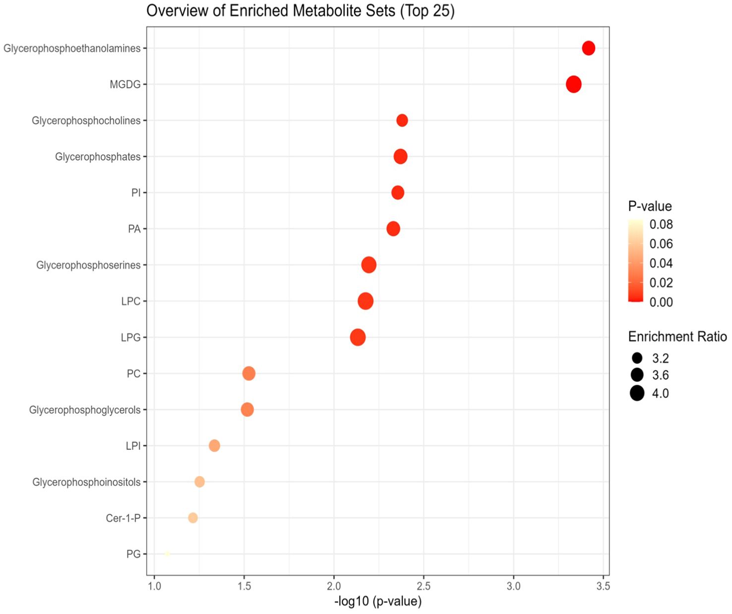 Scatter plot showing top 25 enriched lipid sets. The x-axis represents the negative logarithm of p-values, while the y-axis lists lipid categories. Dot sizes indicate enrichment ratios, with larger dots representing higher ratios. Colors range from orange to red, indicating decreasing p-values. Titles and axes are labeled.
