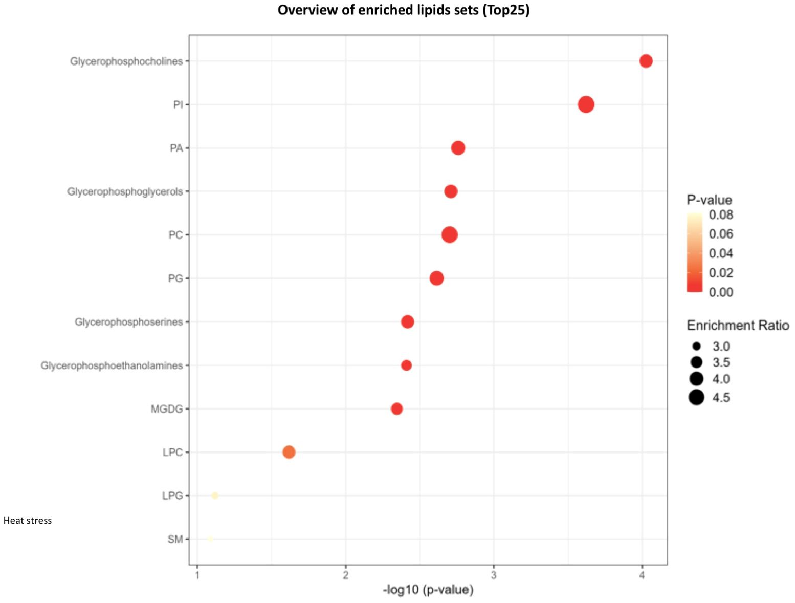 Scatter plot titled “Overview of Enriched Lipids Sets (Top 25)” with lipid categories on the y-axis and negative log p-values on the x-axis. Circles represent enrichment ratios, with larger size indicating higher ratios. Color gradient from yellow to red shows p-values, with red indicating lower values.