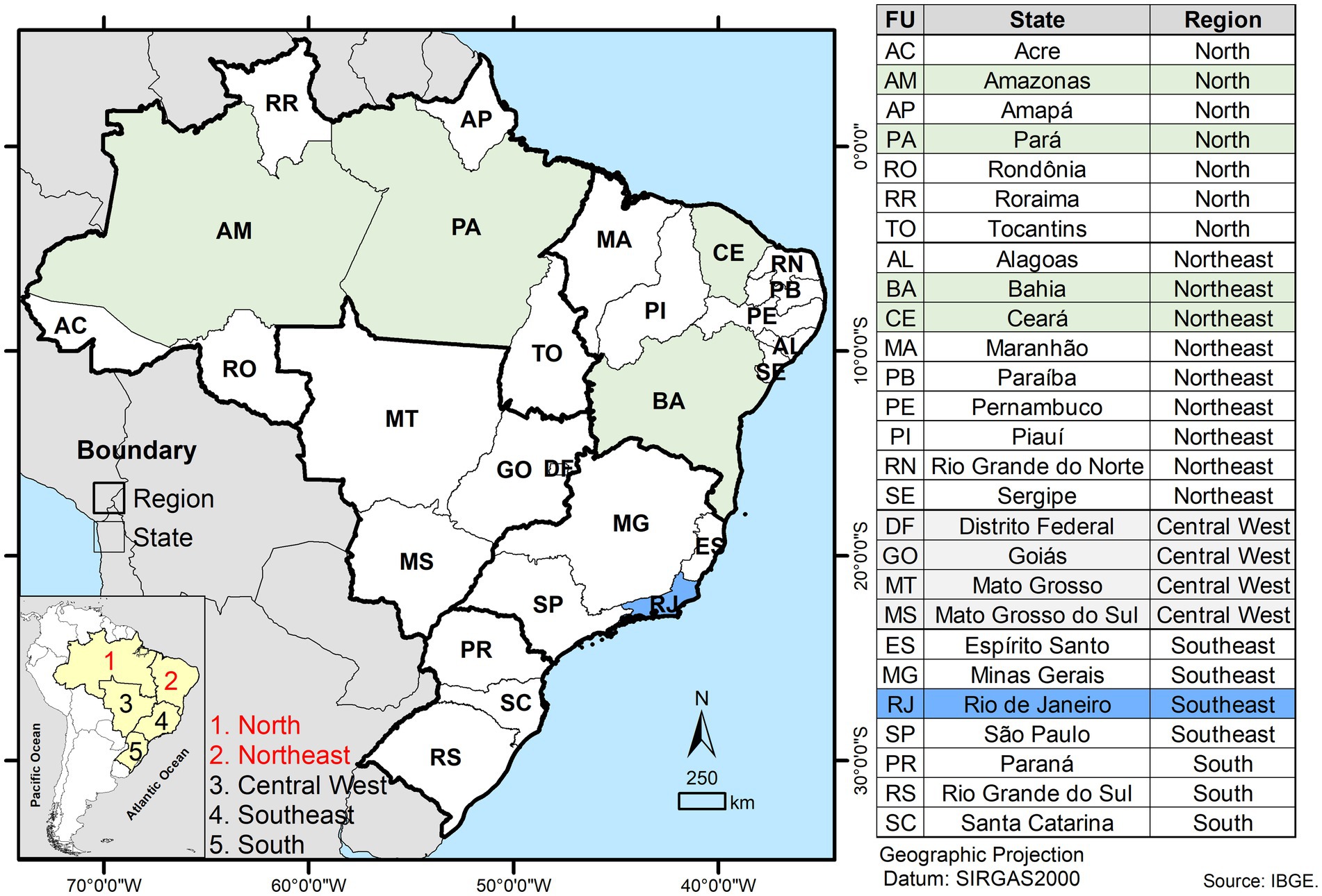 Map of Brazil showing states and regions, with a table listing each state's abbreviation, name, and region. Regions include North, Northeast, Central West, Southeast, and South. The map includes a color-coded legend and geographic projection details. A small inset map highlights the regions by number.