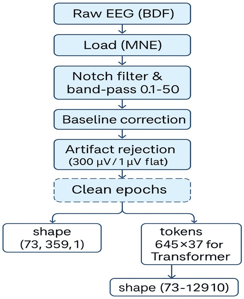Flowchart illustrating EEG data processing steps. Begins with Raw EEG (BDF), followed by Load (MNE), Notch filter and band-pass 0.1-50, Baseline correction, Artifact rejection (300 µV/1 µV flat), and Clean epochs. Results split into two paths: one leading to shape (73, 359, 1), and the other to tokens 645×37 for Transformer, ending with shape (73-12910).