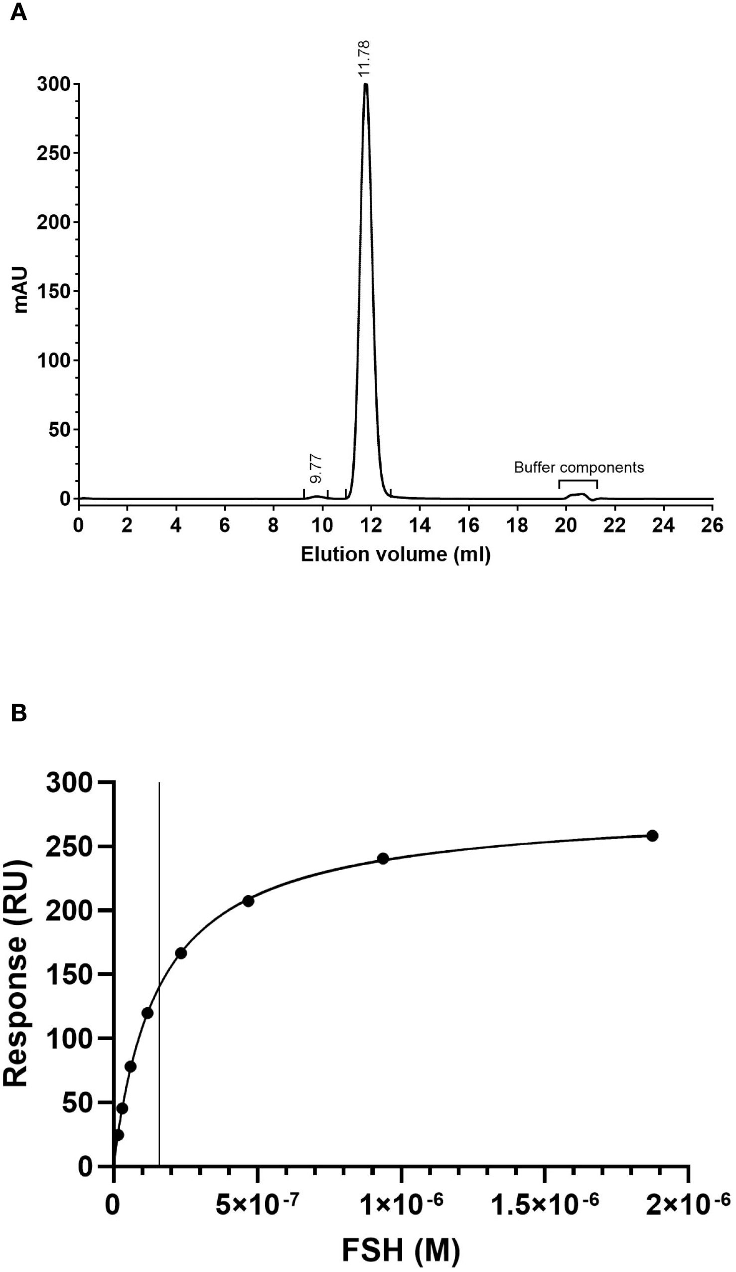 Graph A is a chromatogram showing a prominent peak at approximately 11.78 milliliters elution volume with absorbance in milli-absorbance units (mAU), followed by buffer components. Graph B is a saturation curve, illustrating a response in response units (RU) increasing with concentrations of FSH in molarity (M), displaying a hyperbolic trend approaching saturation.