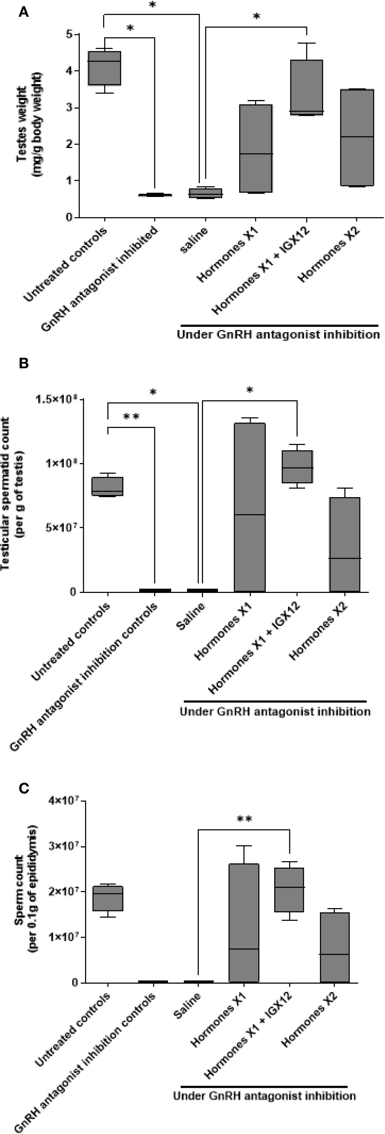 Bar charts labeled A, B, and C show experimental results under GnRH antagonist inhibition. Chart A depicts testis weight, chart B shows testicular spermatid count, and chart C presents sperm count per epididymis. Various treatments, including untreated controls, saline, and different hormones, are compared. Significant differences are marked by asterisks, indicating statistical significance at different levels.