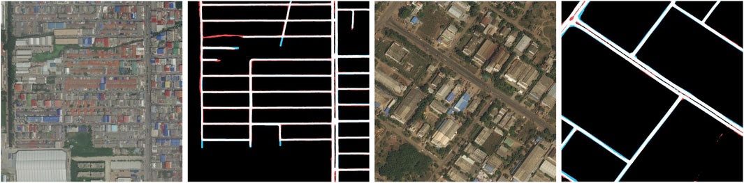 Four-panel image showing top views of urban areas. The first and third panels depict satellite imagery of densely built neighborhoods with various building shapes and colors. The second and fourth panels show corresponding map outlines of streets and grid patterns highlighted in red and blue over a black background.