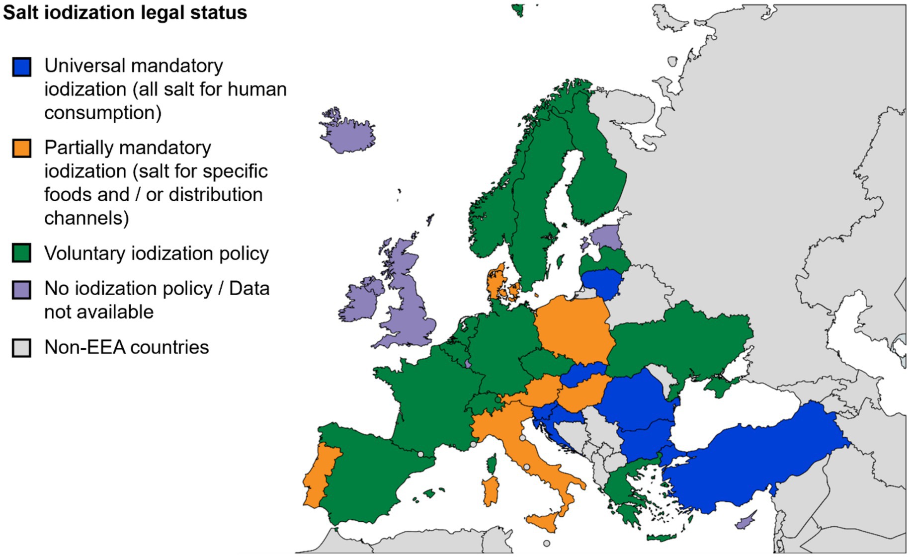 Map of Europe showing salt iodization legal status. Countries are color-coded: blue for universal mandatory iodization, orange for partially mandatory, green for voluntary policy, purple for no policy or unavailable data, and gray outlined in black for non-EEA countries.