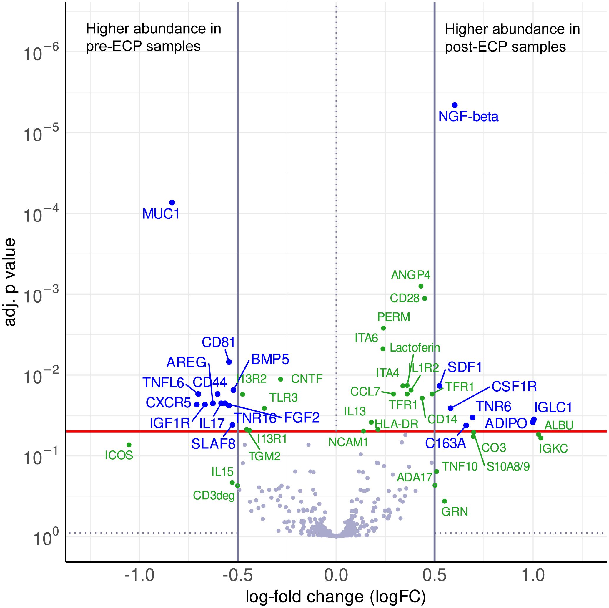 Volcano plot showing protein abundance differences between pre-ECP and post-ECP samples. The x-axis represents log-fold change, and the y-axis shows adjusted p values. Proteins more abundant in pre-ECP samples (left) include MUC1 and CD44, while in post-ECP samples (right), proteins like NGF-beta and ADIPOQ are more abundant. Data below the red line at 0.1 are considered statistically significant (p < 0.1). The plot highlights proteins with larger fold changes and lower p values.