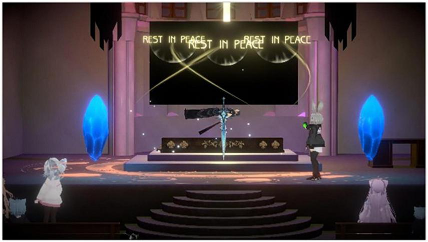 A virtual setting resembling a chapel with digital elements. “Rest in Peace” is displayed on a large screen above a sword on a stand. Two glowing blue crystals flank the stage. Several animated characters are present, facing the display.