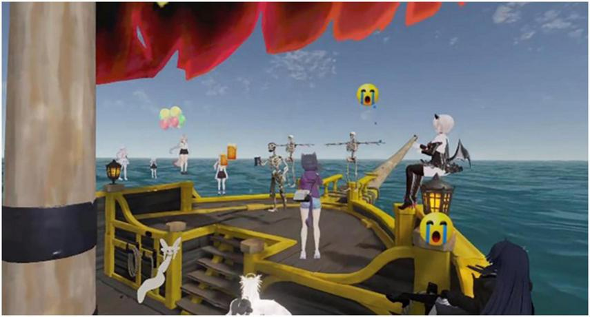 A digital scene depicting animated characters on a stylized pirate ship. Characters, including skeletons and figures with animal features, are interacting on the deck under a clear blue sky. Balloons and emojis float above, enhancing the whimsical atmosphere.