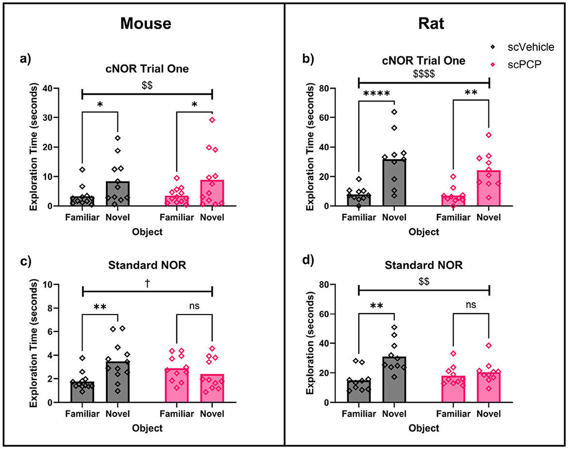 Comparison of cumulative performance and trial bins between mice and rats in cNOR tests. Panel a shows mice's cumulative performance with discrimination index over trials, comparing scVehicle and scPCP, highlighting significant differences with an asterisk. Panel b shows rats' cumulative performance with distinctions marked by symbols. Panel c details early and late trial bins for mice, indicating significant differences with symbols. Panel d presents similar data for rats, with notable distinctions noted.