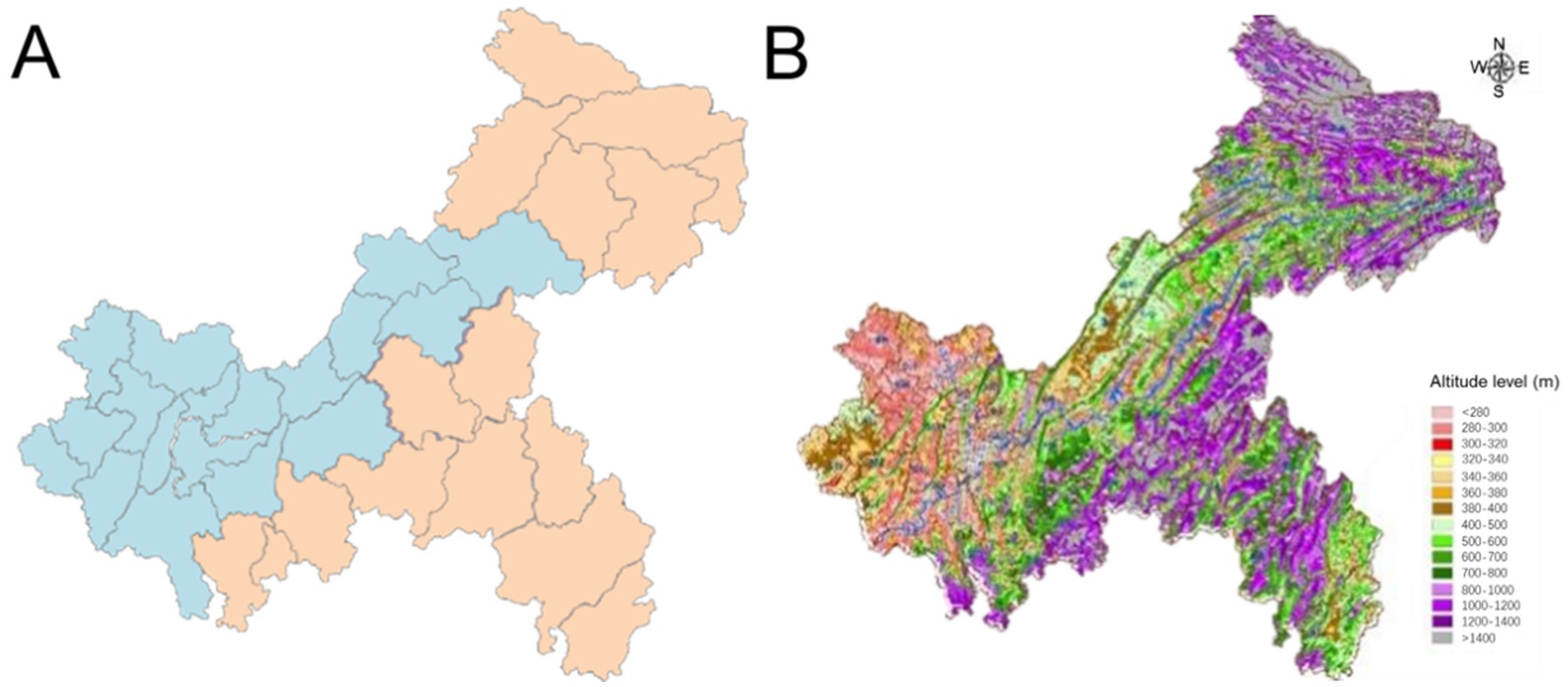 Map A illustrates administrative divisions with regions shaded in blue and peach. Map B is a topographical map of the same area, displaying varying altitude levels in colors from pink to purple, with higher altitudes in purple. A compass indicates cardinal directions.