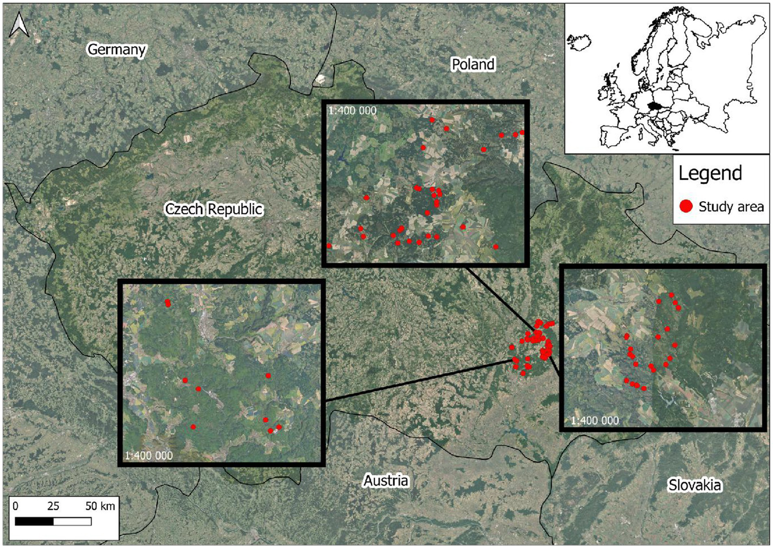 Map highlighting study areas in the Czech Republic with red dots. Enlarged sections focus on specific regions. Neighboring countries, Germany, Poland, Austria, and Slovakia, are labeled. Includes a legend indicating study areas with red dots and a scale bar. An inset map shows the location within Europe.