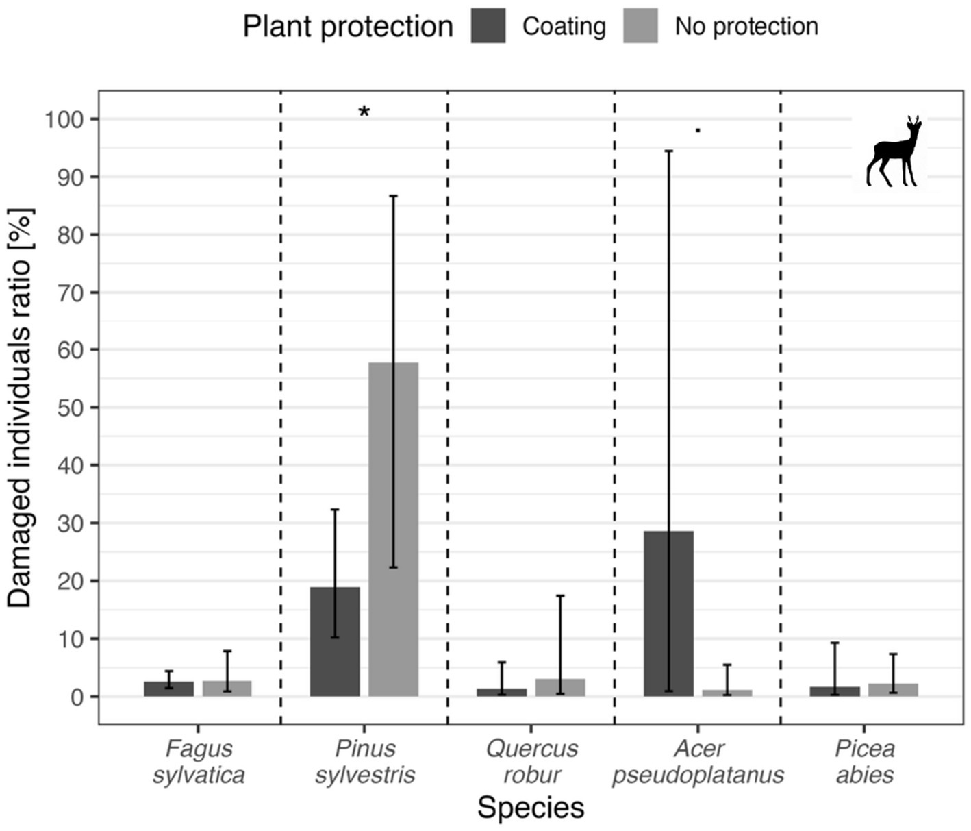 Bar chart showing damaged individuals ratio in five tree species: Fagus sylvatica, Pinus sylvestris, Quercus robur, Acer pseudoplatanus, and Picea abies. Treatments include coating and no protection. Pinus sylvestris and Acer pseudoplatanus show higher damage ratios, especially without protection. A deer icon is present.