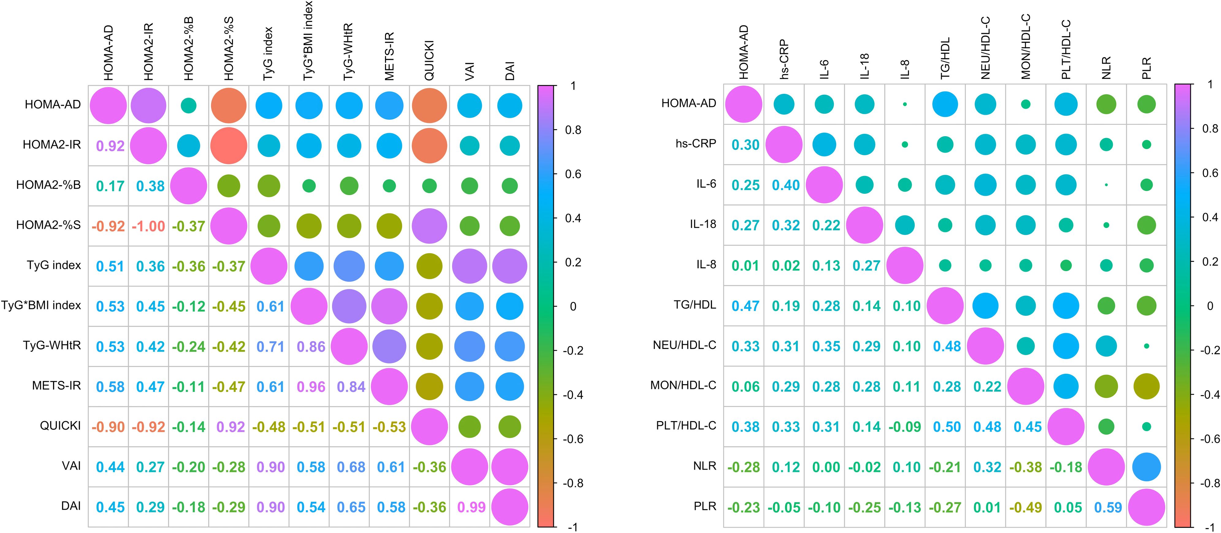 A correlation matrix displays relationships between variables using colored circles of varying sizes and colors, representing correlation strength and direction. Numbers within circles indicate correlation values. A color gradient alongside ranges from negative to positive correlations.