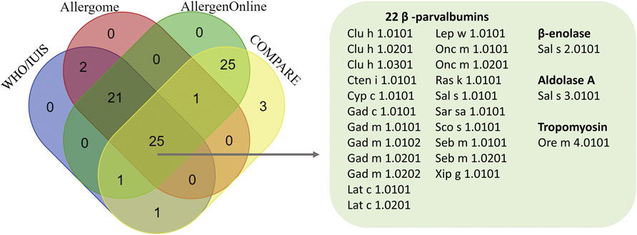 Venn diagram showing fish allergens from WHO/IUIS, Allergome, AllergenOnline, and COMPARE databases. Overlaps indicate the number of shared allergens, with the most common total being 25. A list of 22 β-parvalbumins, including Clu h 1.0101 and Gad m 1.0101, as well as additional proteins β-enolase, Aldolase A, and Tropomyosin, is shown on the right side.