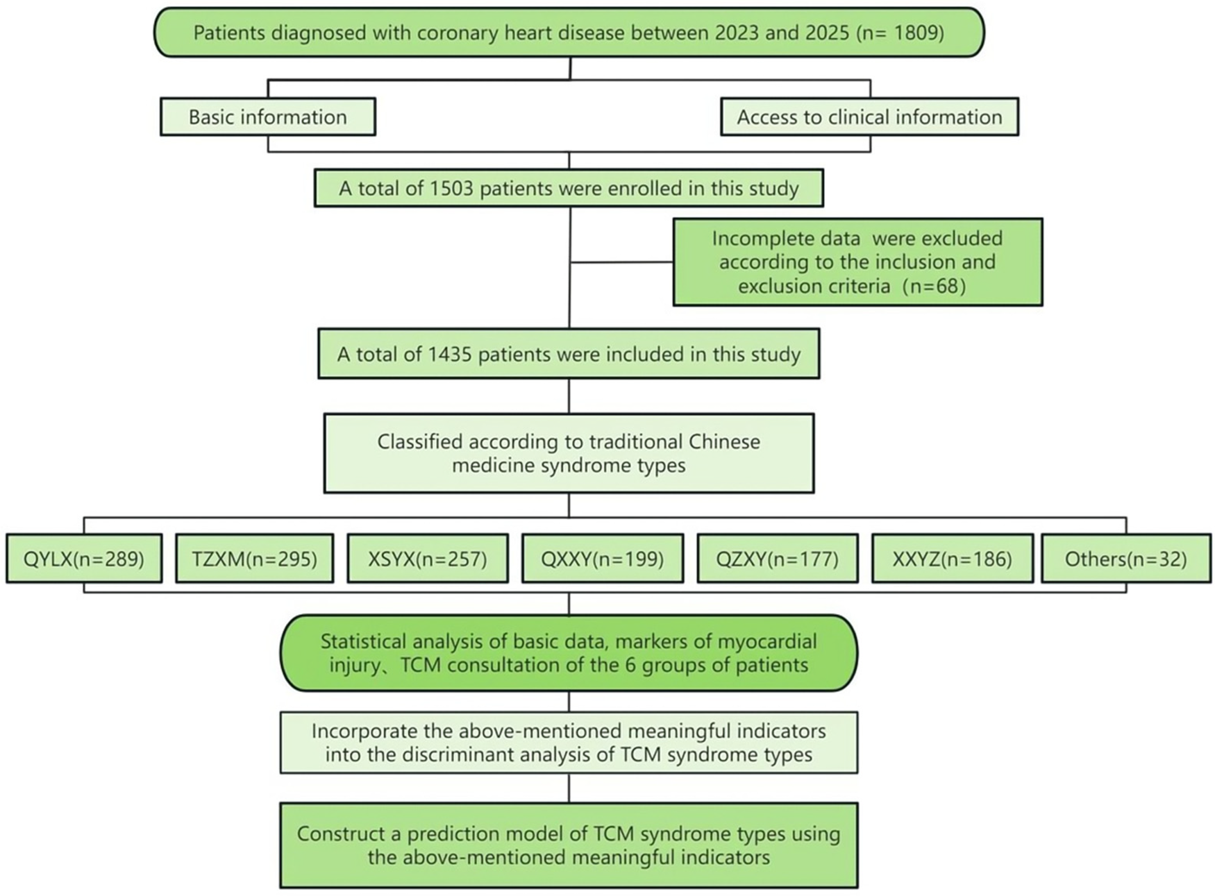 Flowchart detailing a study on coronary heart disease patients from 2023 to 2025, involving 1809 initial patients. After excluding 68 incomplete data sets, 1435 patients were classified into traditional Chinese medicine (TCM) syndrome types: QYLX (289), TZXM (295), XSYX (257), QXXY (199), QZXY (177), XXYZ (186), and others (32). A statistical analysis of basic data, myocardial injury markers, and TCM consultation was conducted to develop a prediction model for TCM syndrome types.