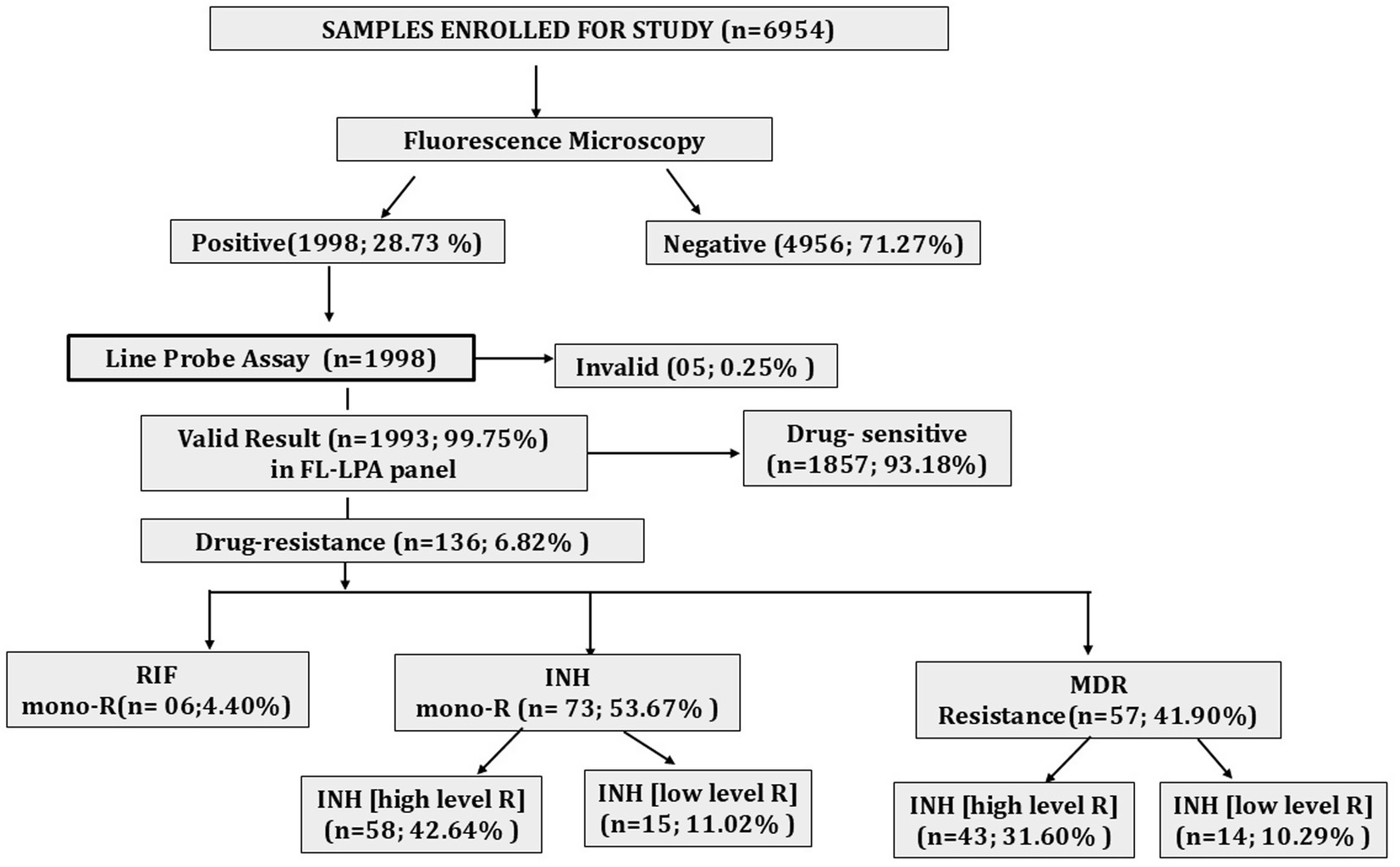 Flowchart depicting the testing process for 6,954 samples using fluorescence microscopy. Of these, 1,998 samples (28.73%) tested positive and underwent a Line Probe Assay. Valid results were obtained for 1,993 samples (99.75%), with 1,857 drug-sensitive (93.18%) and 136 drug-resistant (6.82%). Drug resistance is further detailed: 6 with RIF mono-resistance (4.40%), 73 with INH mono-resistance (53.67%), 57 with multidrug resistance (41.90%). High and low-level INH resistance categorized among these.