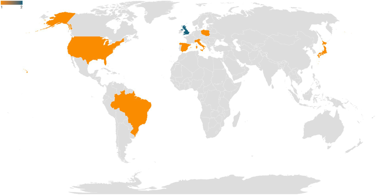 World map highlighting several countries in color. The United States, Brazil, Spain, Italy, Poland, and Japan are marked in orange. The United Kingdom is marked in blue. The color legend indicates two categories, with orange for the first category and blue for the second. Other countries are in gray.