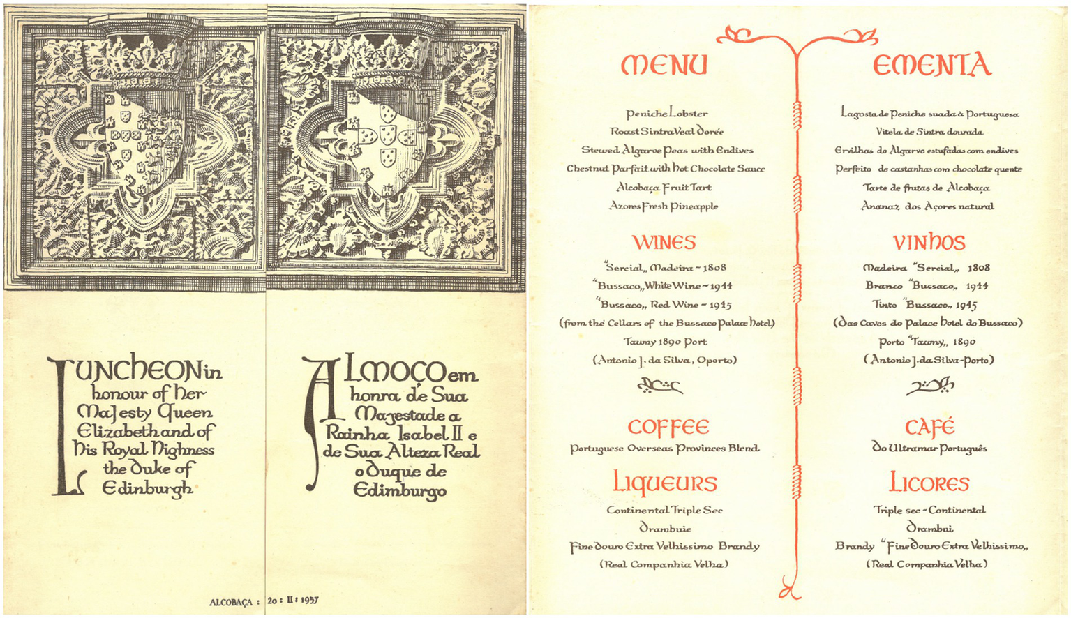 Menu for a luncheon in honor of Queen Elizabeth and the Duke of Edinburgh, dated November 2, 1957. The menu, in English and Portuguese, includes dishes like Peniche Lobster and Roast Sintra Veal Calf, Stewed Algarve Peas, Alcobaça Fruit Tart, and Azores fresh pineapple, with wines such as Madeira and Bussaco. Additionally, coffee and liqueurs, including Triple Sec and Brandy, are listed. The text is surrounded by intricate heraldic illustrations.