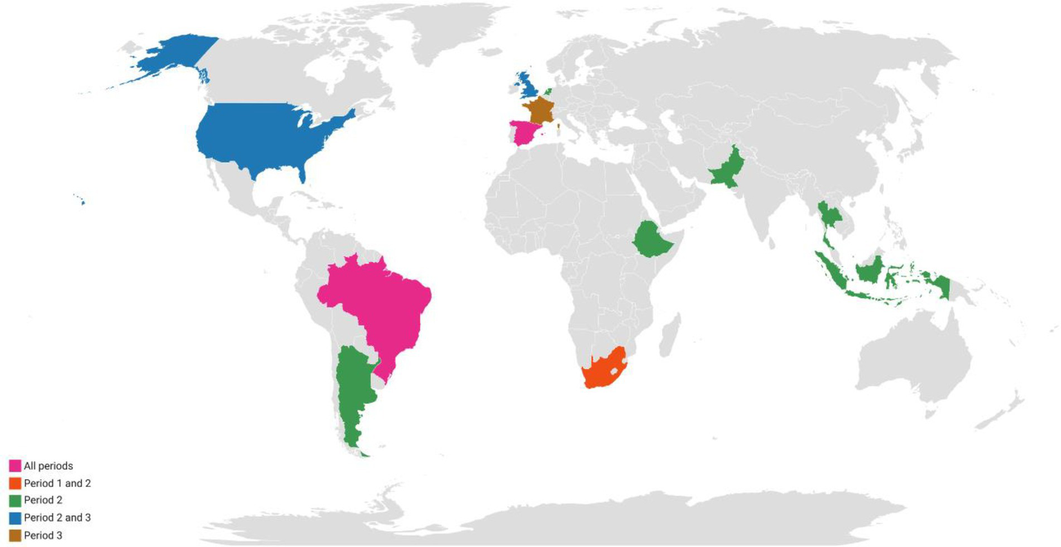 Map highlighting countries in different colors representing various periods. Pink indicates all periods, orange for periods one and two, brown for period two, blue for periods two and three, and green for period three. The United States, Brazil, Western Europe, parts of Africa, and Southeast Asia are highlighted.