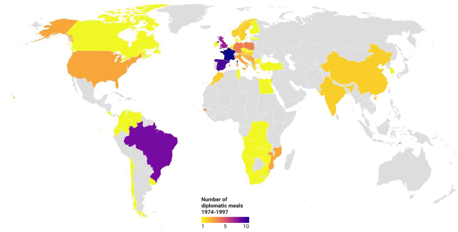World map highlighting countries based on the number of diplomatic meals hosted from 1974 to 1997. Color scale ranges from yellow (1 meal) to purple (10 meals). High numbers are shown in Brazil and France, while other countries vary, with many in light yellow indicating fewer events.