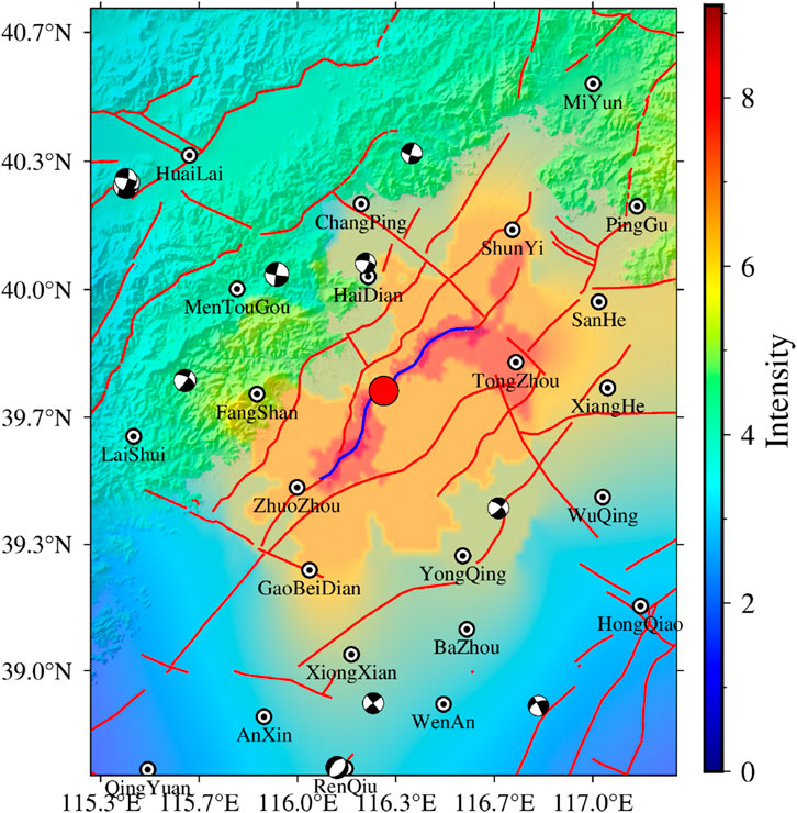 Seismic intensity map of a region near Beijing, China, with colored gradients representing intensity levels from low (blue) to high (red). Major locations like ChangPing, HaiDian, and TongZhou are marked, with black-and-white circles indicating seismic activity. Red lines depict fault lines.