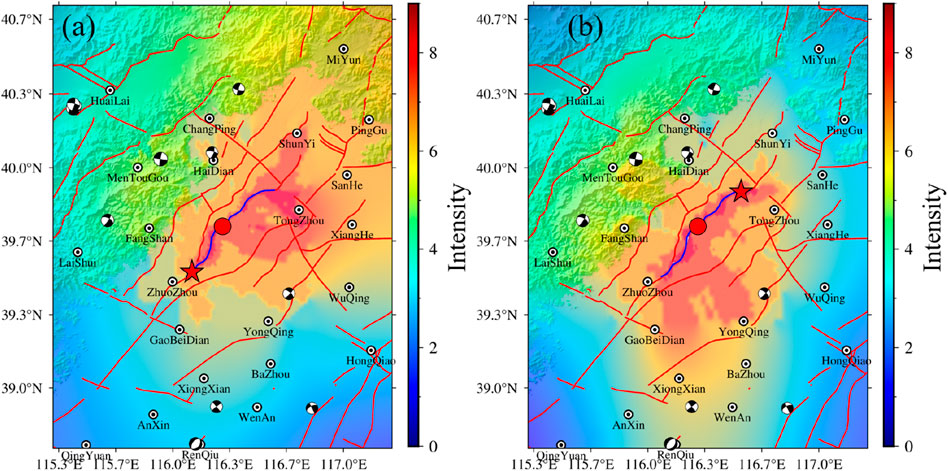 Comparison of two earthquake intensity maps. Both panels (a) and (b) display intensity levels from zero (blue) to eight (red) across a region with marked locations. Red lines indicate fault lines, while black and white circles represent seismic stations. A red star and circle denote epicenter and maximum intensity areas.