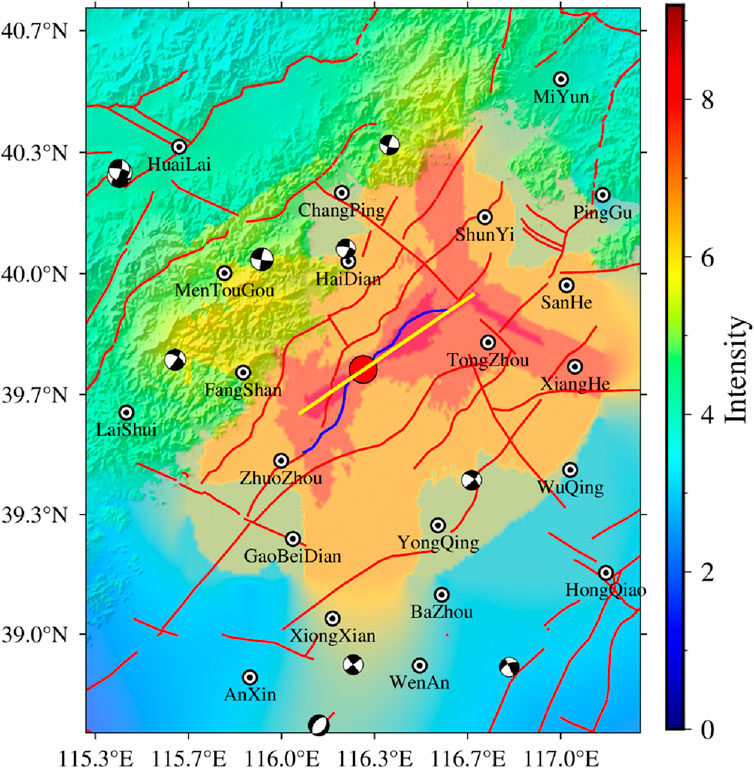 Seismic intensity map showing regions with varying colors representing intensity levels from zero to eight, indicated by a vertical color scale. Red lines show fault lines. Marked cities include HuaiLai, ChangPing, and MiYun. A red circle indicates a significant seismic event near HaiDian. Latitude and longitude coordinates are marked along the edges.