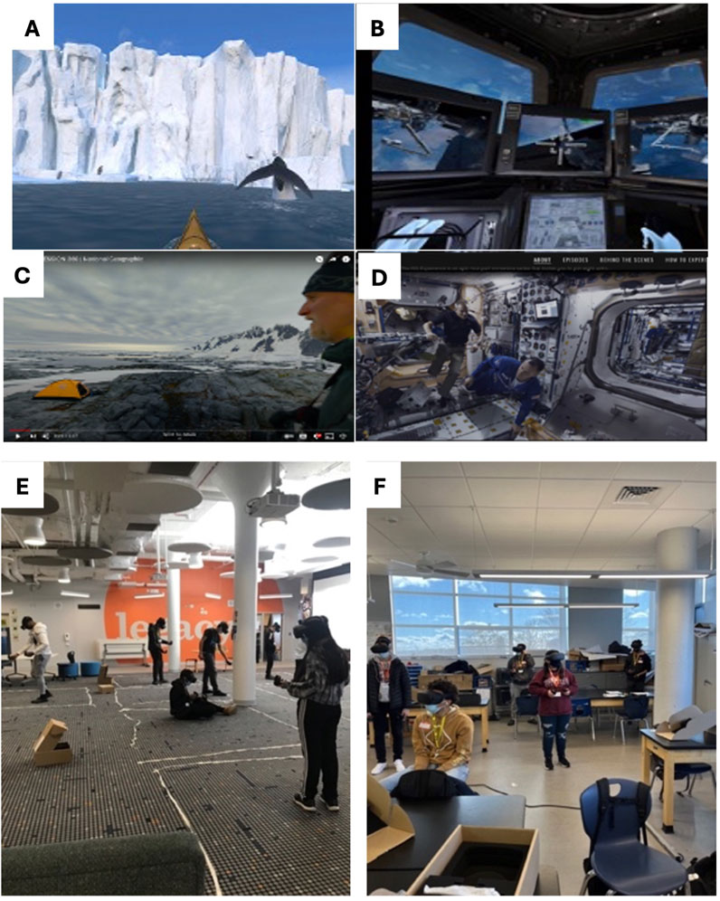 A. A virtual kayak is approaching a penguin near large ice cliffs in a polar setting.B. Interior view of a spacecraft cockpit with multiple screens showing space imagery.C. Person in cold-weather gear in front of a campsite on rocky terrain with snowy mountains in the background.D. Two astronauts working inside the International Space Station, surrounded by equipment.E. Room with several people using virtual reality headsets, standing and sitting, in a tech-focused environment.F. Classroom with students wearing virtual reality headsets, engaged in an immersive learning activity.