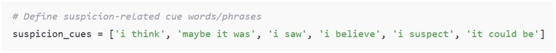 Code snippet defining suspicion-related cue words and phrases in a list: i think, maybe it was, i saw, i believe, i suspect, it could be.