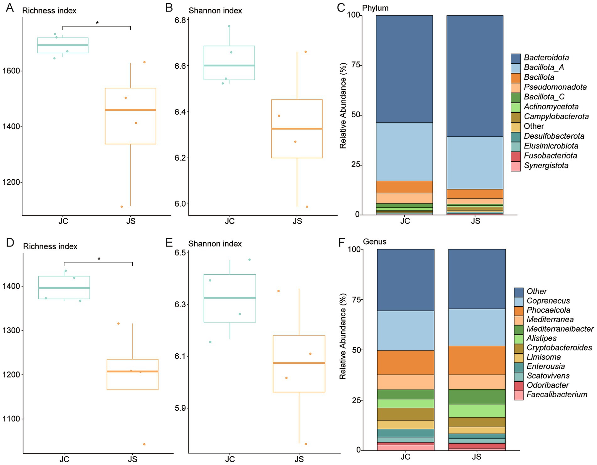 Boxplots and bar charts comparing JC and JS groups. Panels A and D show higher richness index in JC than JS. Panels B and E depict higher Shannon index in JC. Panels C and F display relative abundance by phylum and genus, with notable differences in Bacteroidota and Bacillota distributions.