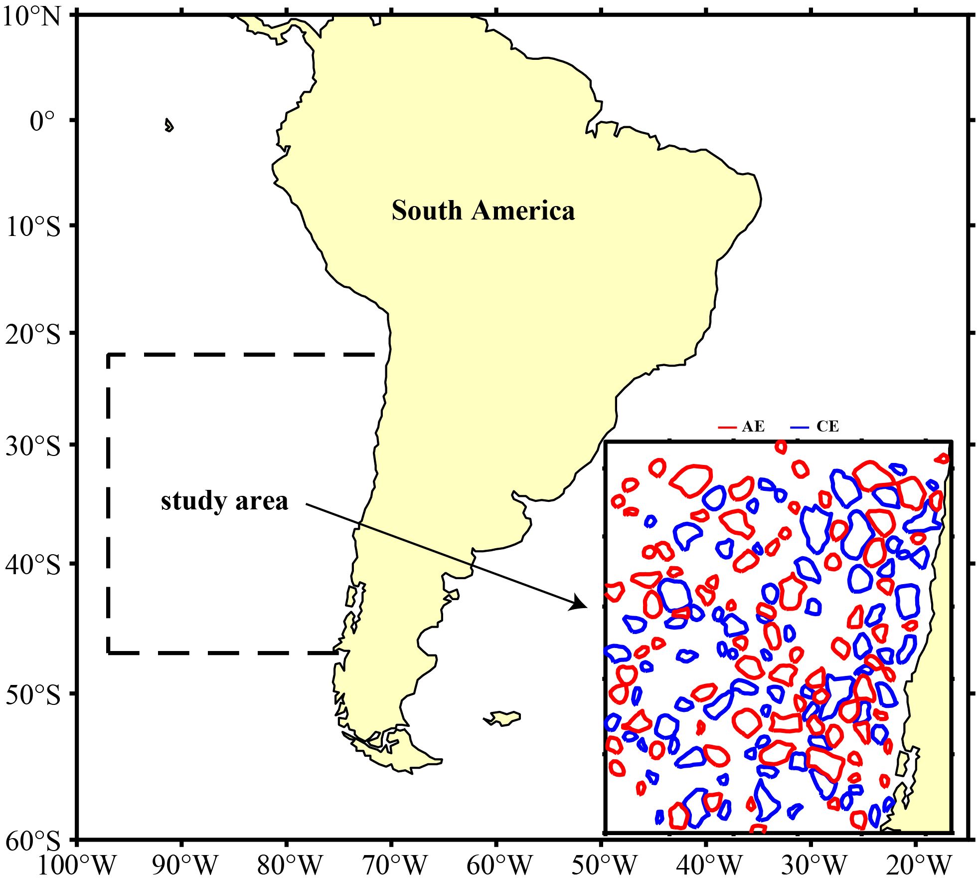Map of South America highlighting a study area with a dashed box located in the southern region. An inset map shows detailed areas outlined in red and blue, labeled AE and CE, respectively.