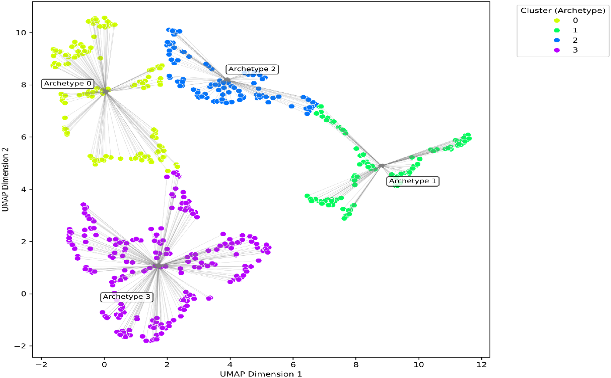 Scatter plot showing a UMAP projection with four clusters labeled Archetypes 0, 1, 2, and 3. Yellow, green, blue, and purple dots represent each cluster, respectively. Axes are labeled UMAP Dimension 1 and 2. A legend identifies cluster colors.