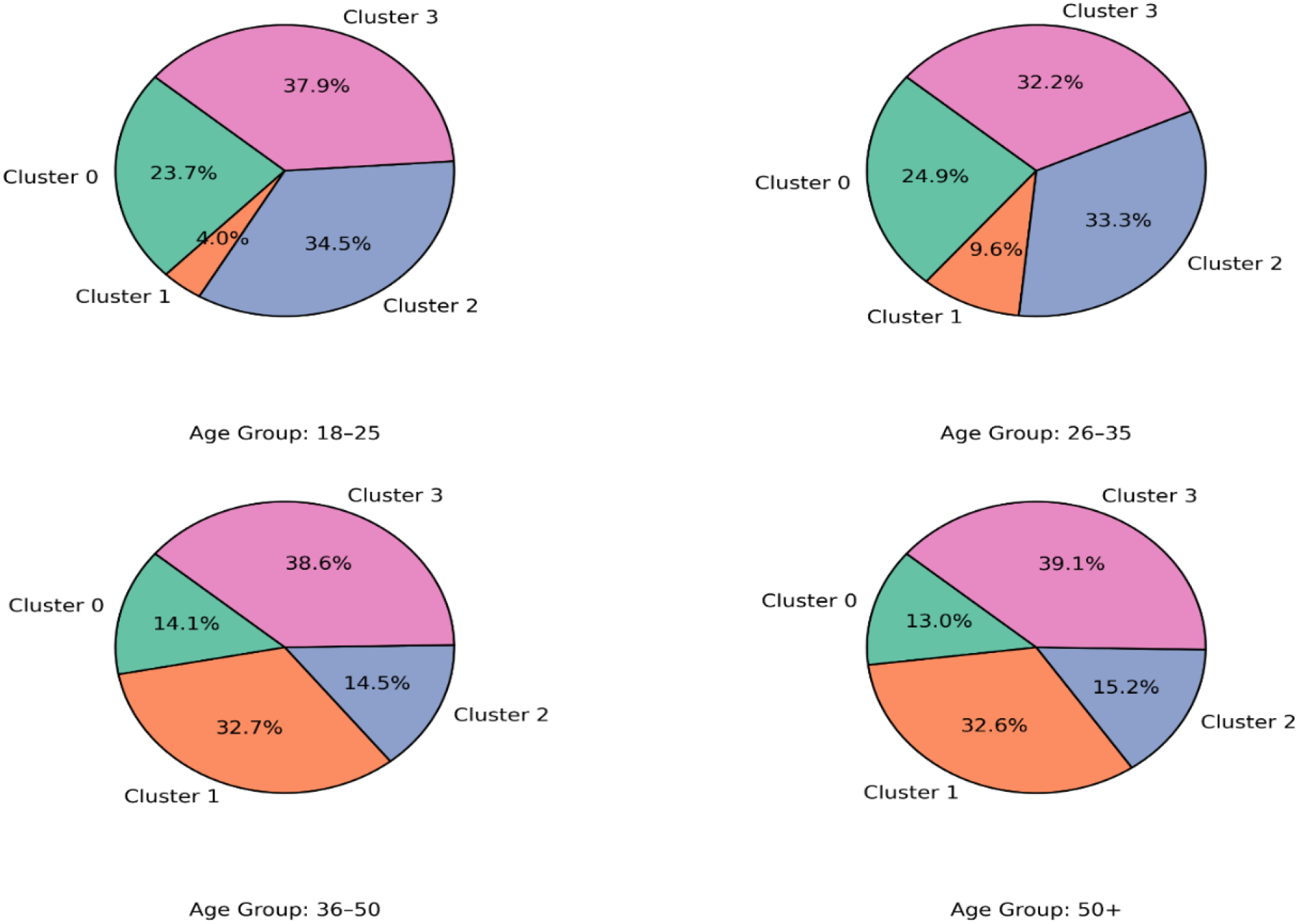 Four pie charts represent clusters across different age groups. The top left chart shows Cluster 3 as 37.9%, Cluster 2 as 34.5%, Cluster 0 as 23.7%, and Cluster 1 as 4.0%. The top right chart for age 18-25 shows Cluster 3 as 32.2%, Cluster 2 as 33.3%, Cluster 0 as 24.9%, and Cluster 1 as 9.6%. The bottom left chart for age 26-35 shows Cluster 3 as 38.6%, Cluster 1 as 32.7%, Cluster 2 as 14.5%, and Cluster 0 as 14.1%. The bottom right chart for age 36-50 shows Cluster 3 as 39.1%, Cluster 1 as 32.6%, Cluster 2 as 15.2%, and Cluster 0 as 13.0%.