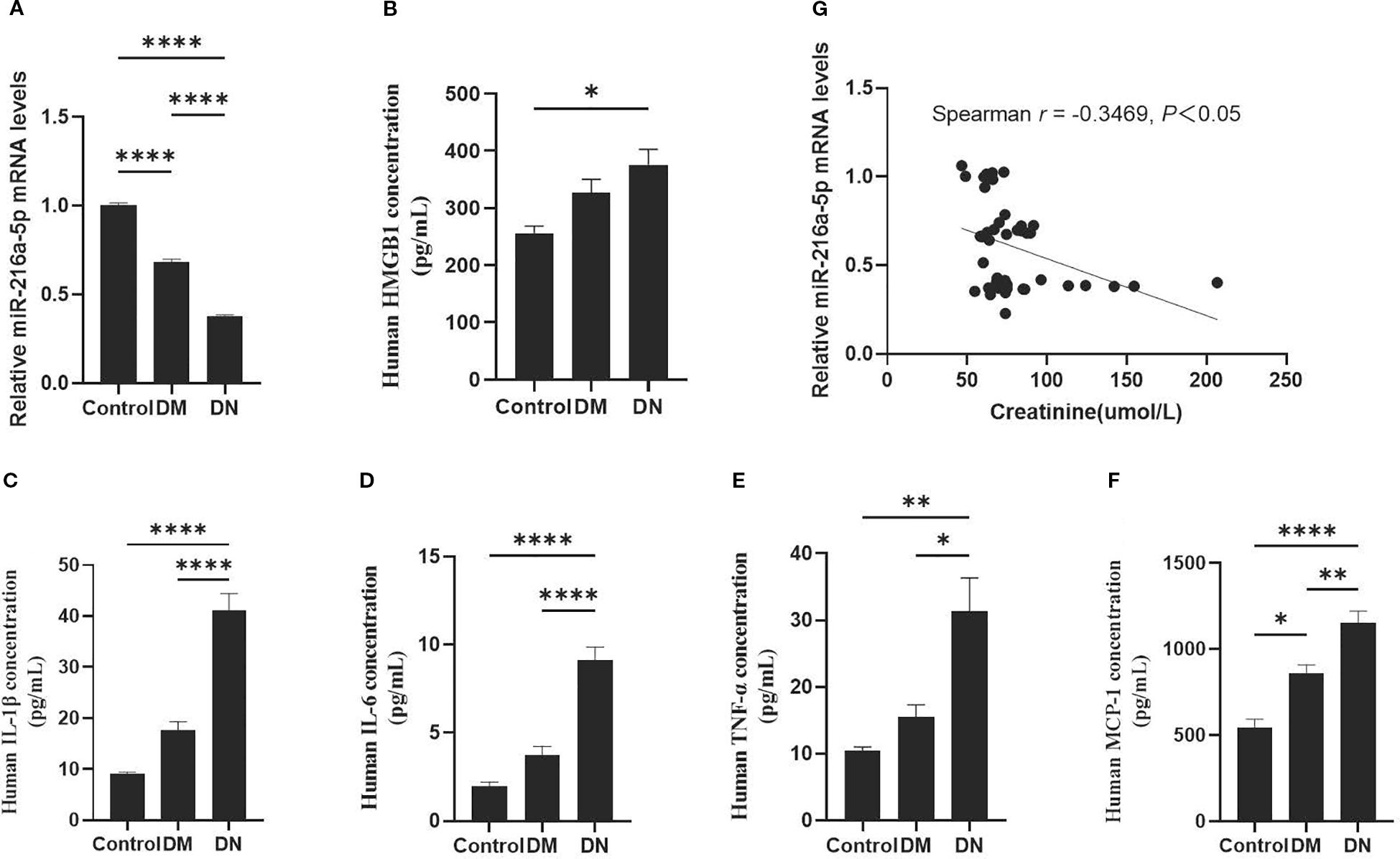 Charts depict experimental data comparing control, diabetic mellitus (DM), and diabetic nephropathy (DN) groups. Panels A to F show increased levels of miR-216a-5p mRNA and various cytokines (HMGB1, IL-1β, IL-6, TNF-α, MCP-1) in DN versus controls, with significant differences indicated by asterisks. Panel G presents a scatter plot showing a negative correlation between relative miR-216a-5p mRNA levels and creatinine concentration, with Spearman's r = -0.3469, P < 0.05.