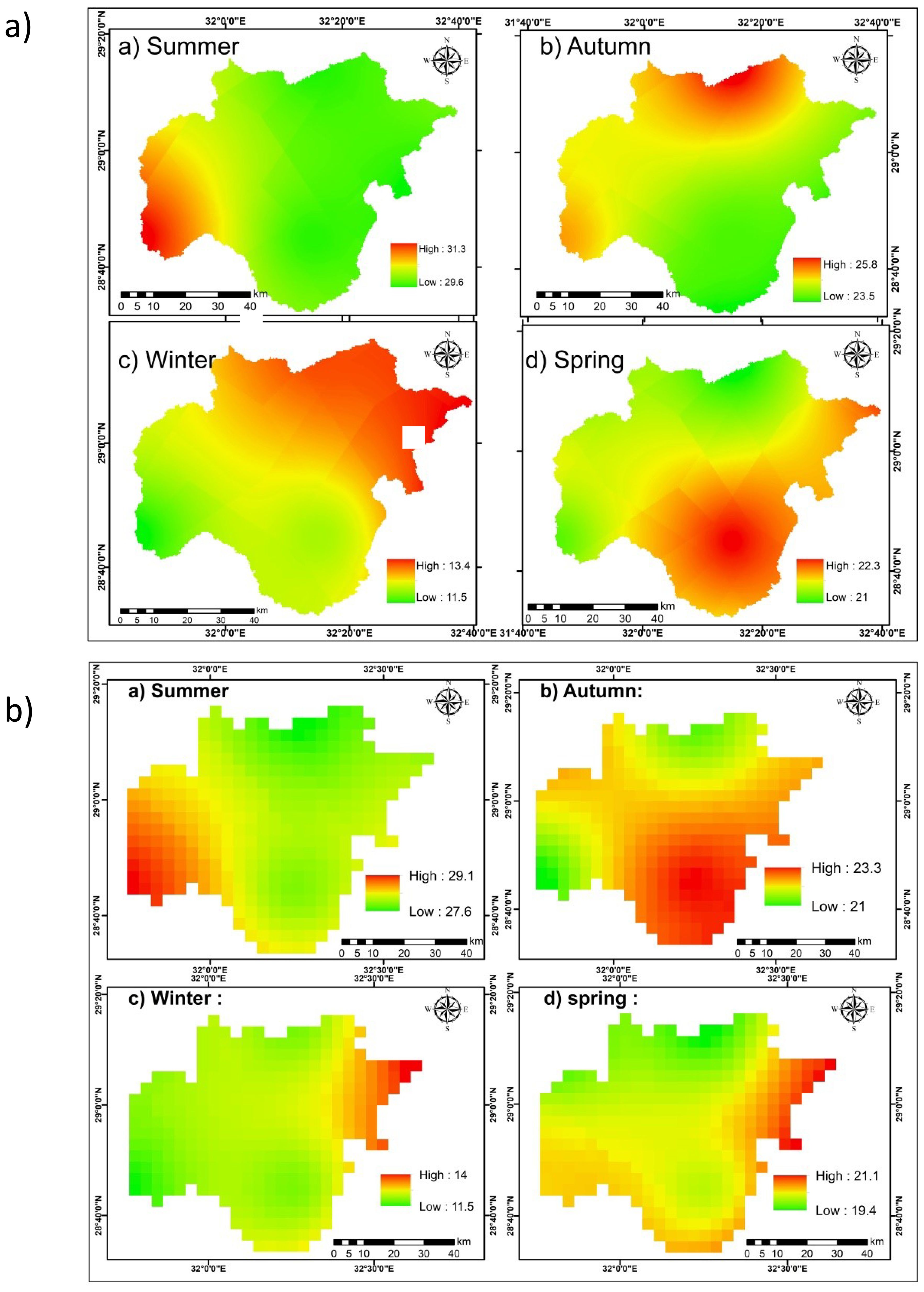 Top image: Four seasonal temperature maps showing variation with colors from green (low) to red (high). Summer: 31.3 to 29.6, Autumn: 25.8 to 23.5, Winter: 13.4 to 11.5, Spring: 22.3 to 21. Bottom image: Four pixelated seasonal temperature maps. Summer: 29.1 to 27.6, Autumn: 23.3 to 21, Winter: 14 to 11.5, Spring: 21.1 to 19.4.